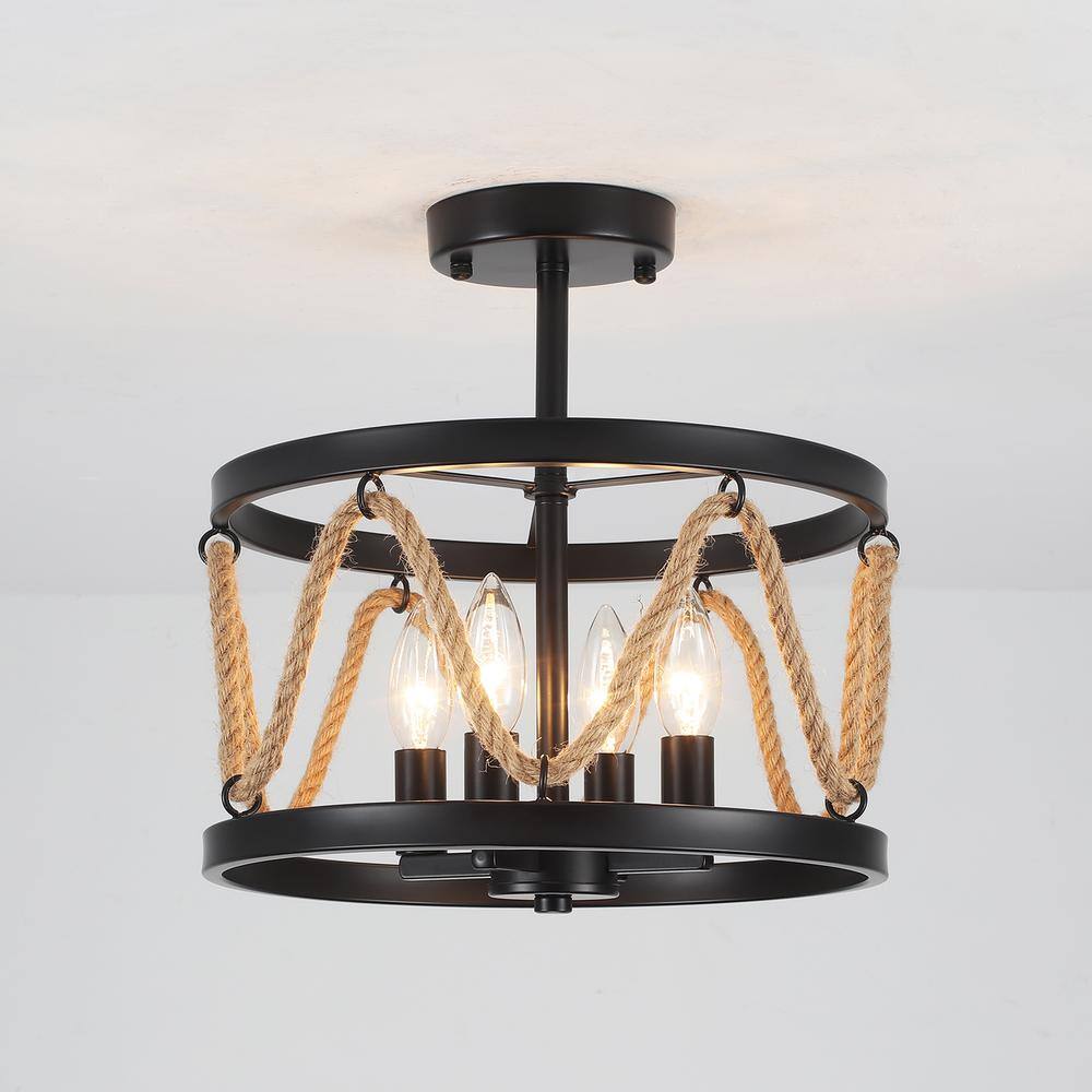 13 in. 4-Light Hemp Rope Black Semi- Flush Mount with No Bulbs Included - Hercitys