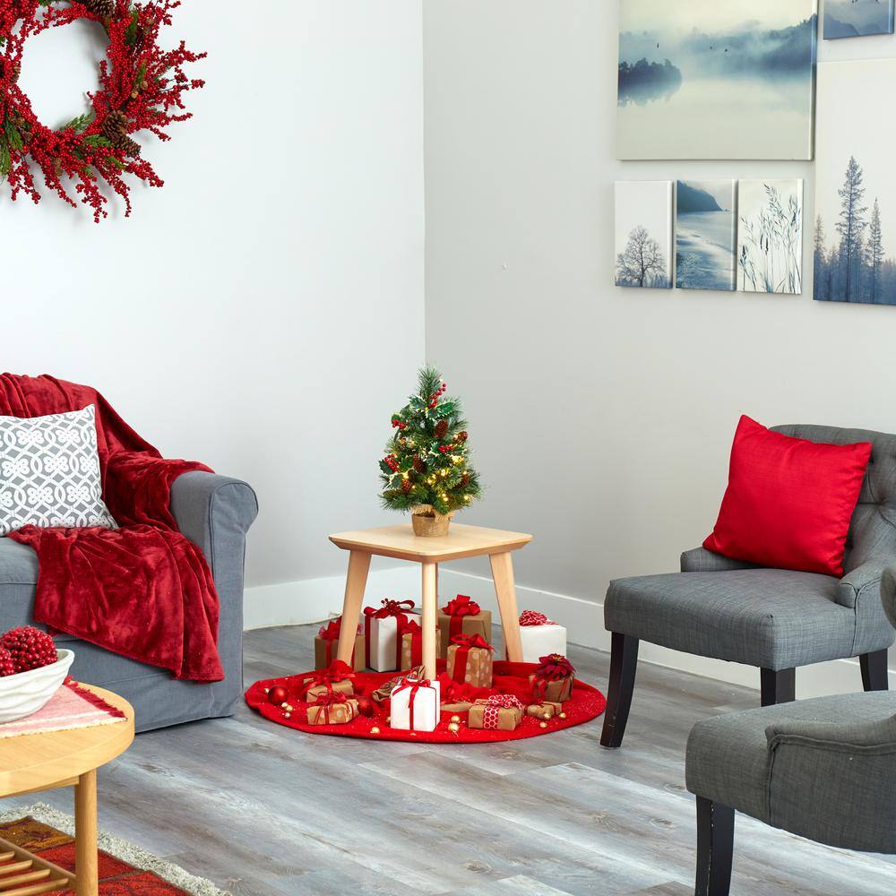 18 in. Battery Operated Pre-Lit Mixed Pine Artificial Christmas Tree, Holly Berries, Pinecones, 35 Clear LED Lights - Hercitys