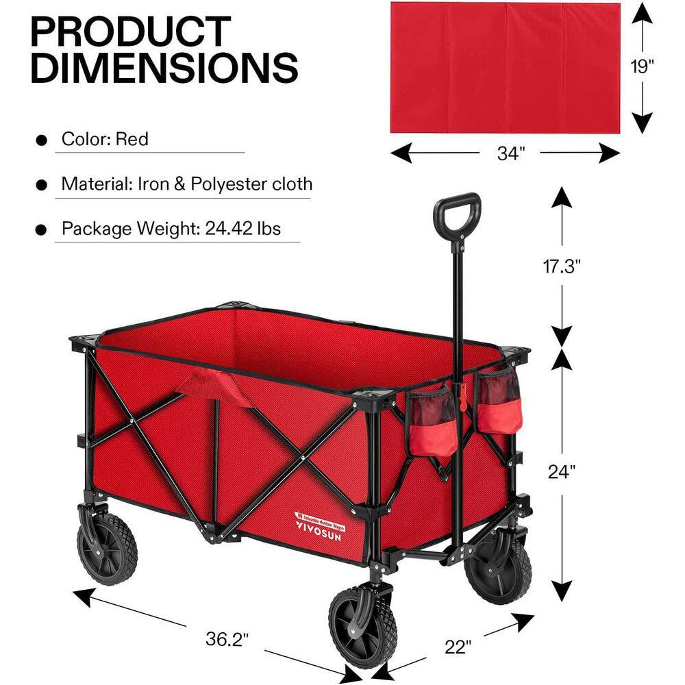 2.5 cu. ft. Collapsible Fabric Garden Cart with Universal Wheels and Adjustable Handle in Red - Hercitys