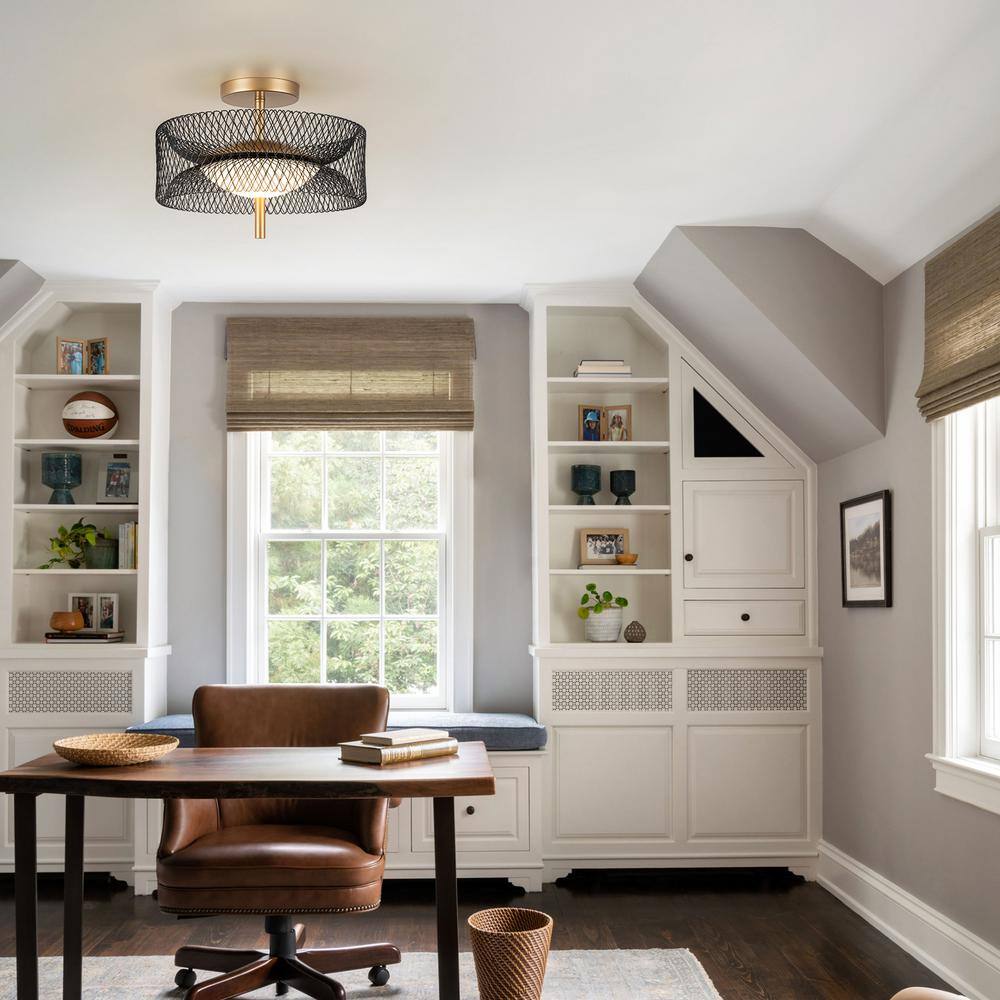 12.6 in. 23-Watt Black/Gold Integrated LED Semi-Flush Mount Ceiling Light with Drum Shade - Hercitys