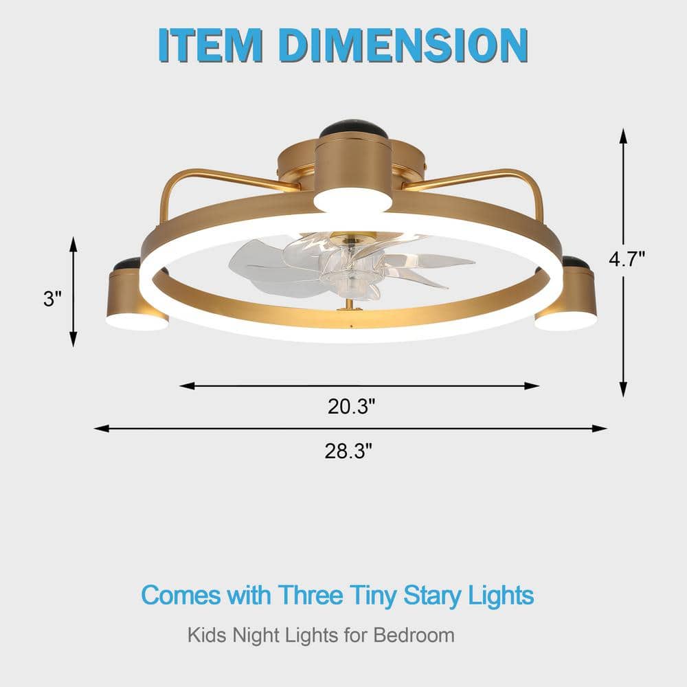 28 in. Integrated LED Indoor French Gold Starry Night Smart App Control Flush Mount Low Profile Ceiling Fan With Light - Hercitys