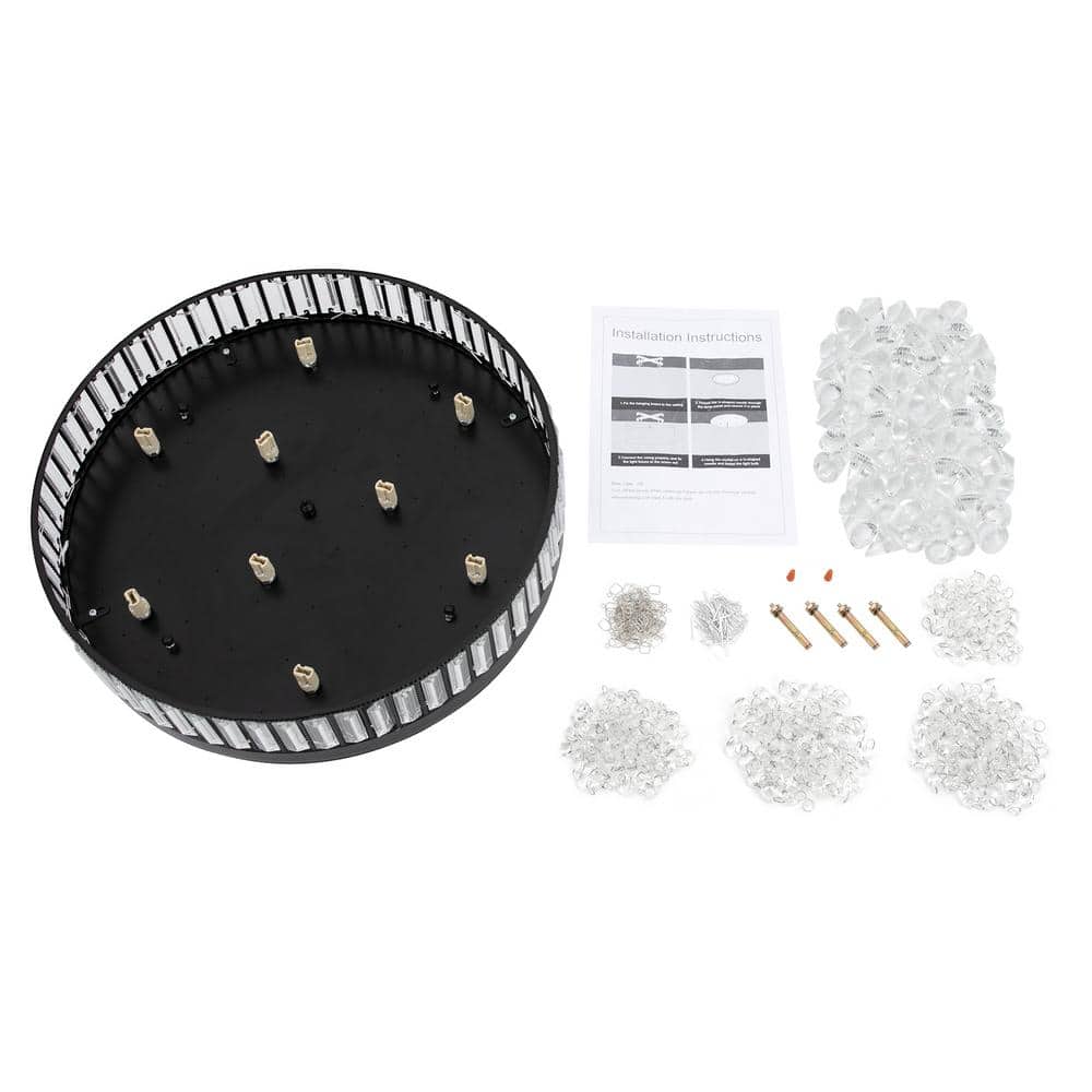 19.68 in. 9-Light Black Modern Round Flush Mount Ceiling Light with Clear Crystal Shade and No Bulbs Included - Hercitys