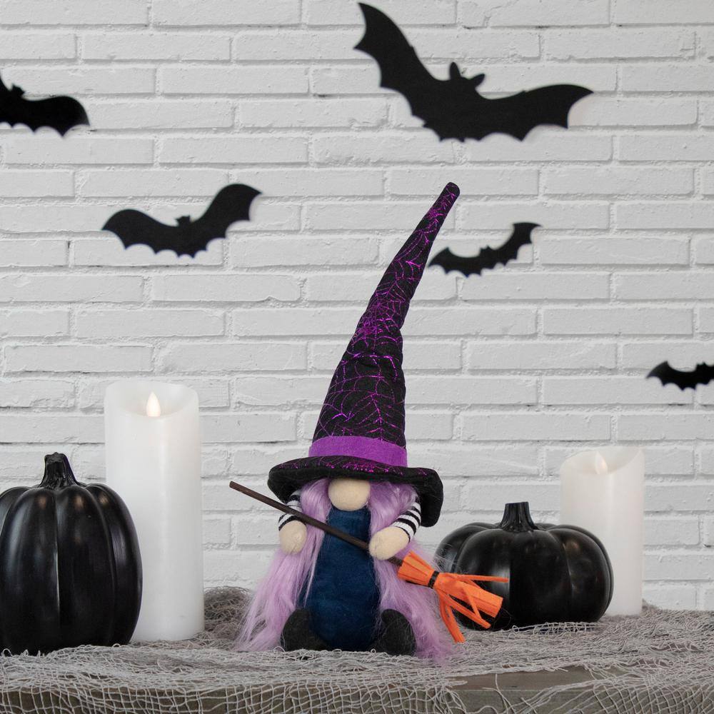 14 in. Black and Purple Witch Gnome with Broom Indoor Halloween Figure - Hercitys