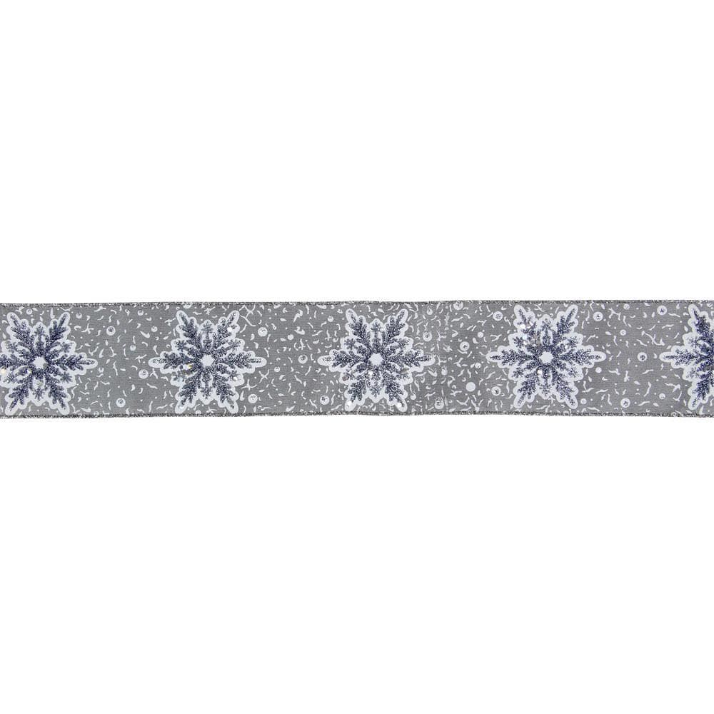 2.5 in. x 16 yds. Grey and White Glitter Snowflake Wired Craft Ribbon - Hercitys