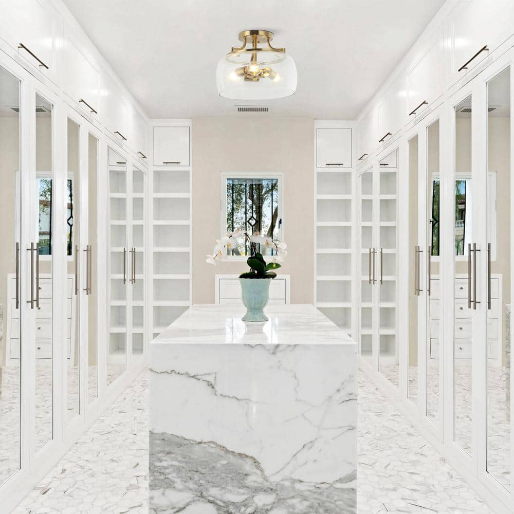 13 in. 3-Light Brass Gold Semi-Flush Mount Ceiling Light Fixture with Clear Glass Shade - Hercitys