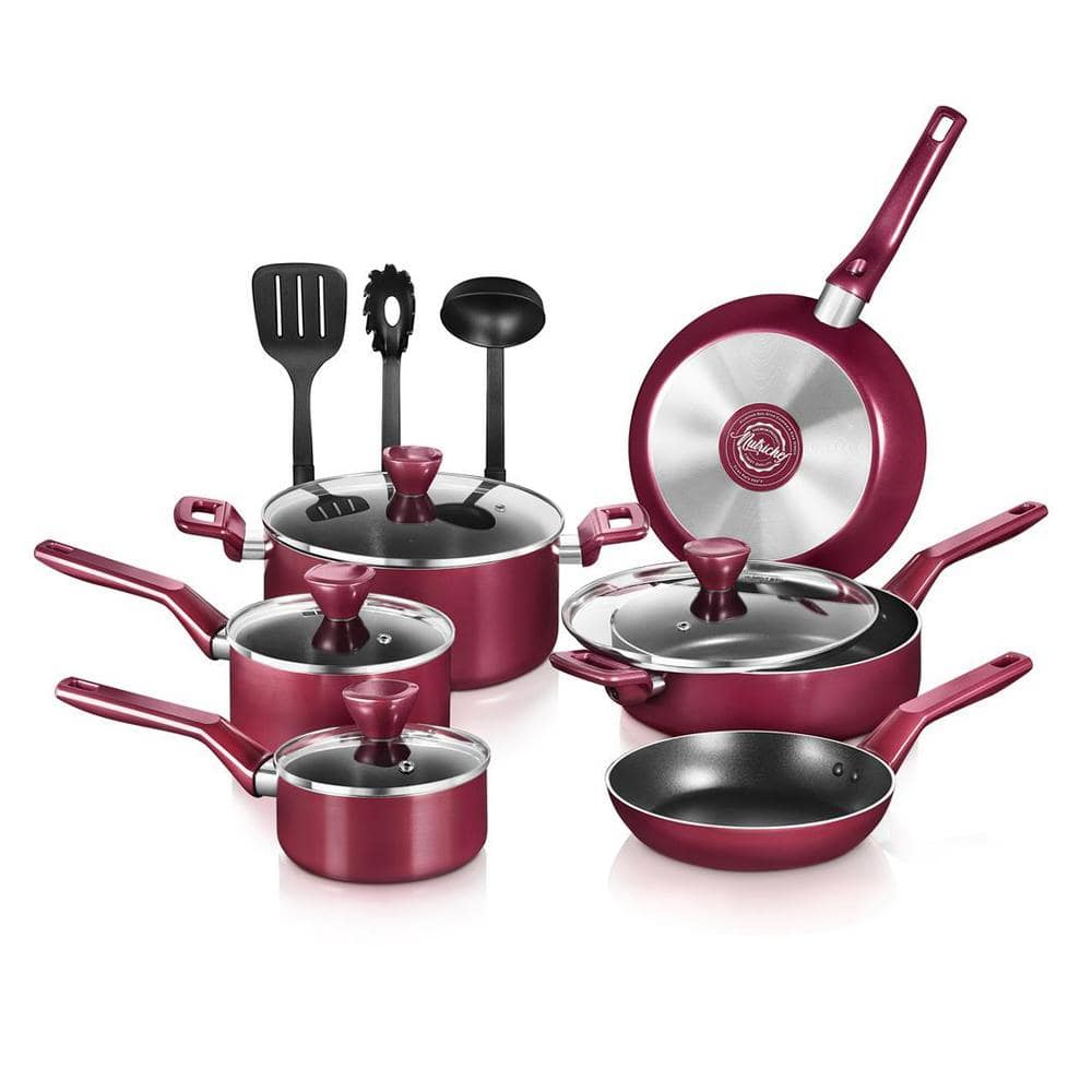 13-Piece Aluminum Cookware Set Non-Stick in Red - Hercitys