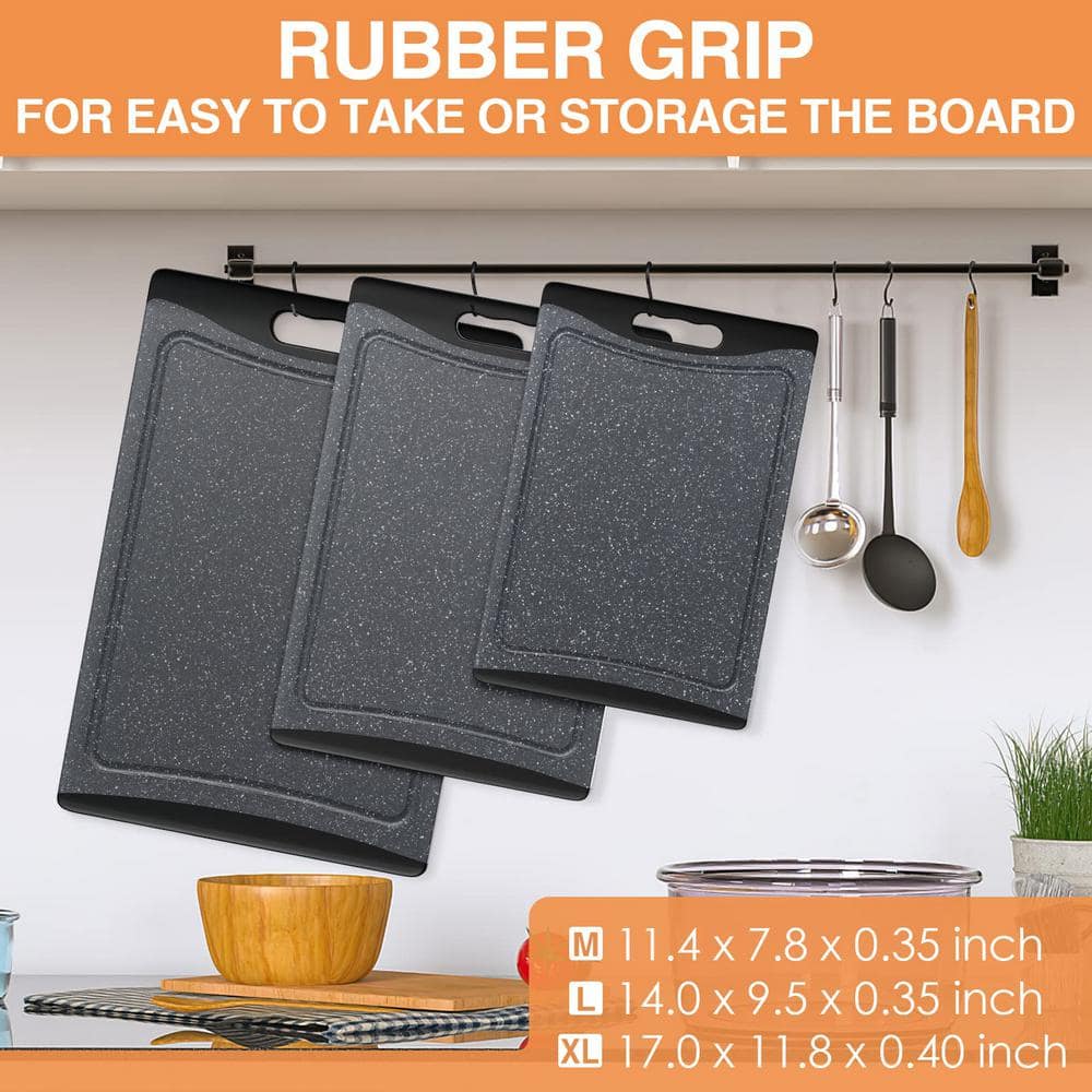 3-Piece Extra Large Plastic Cutting Board Set with Juice Grooves and Easy-Grip Handles, Dark Gray - Hercitys