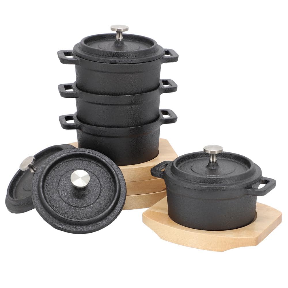 4 Piece Cast Iron 0.25 qt. 8 Ounce Mini Dutch Oven with Wood Tray - Hercitys