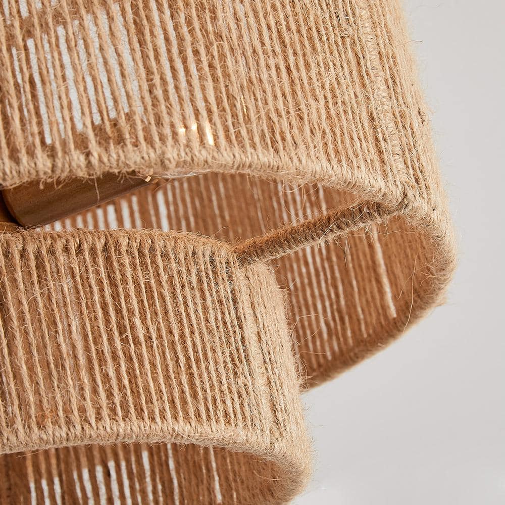 15.4 in. 3-Light Bohemian Antique Gold Two-Tier Drum Semi- Flush Mount with Natural Jute Rope Shade - Hercitys