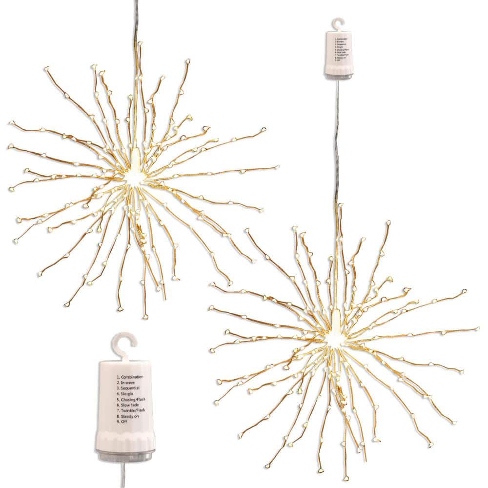 200-Light Bulbs with Copper Wire Battery Operated Starburst Warm White LED Lights with Remote Control (Set of 2) - Hercitys