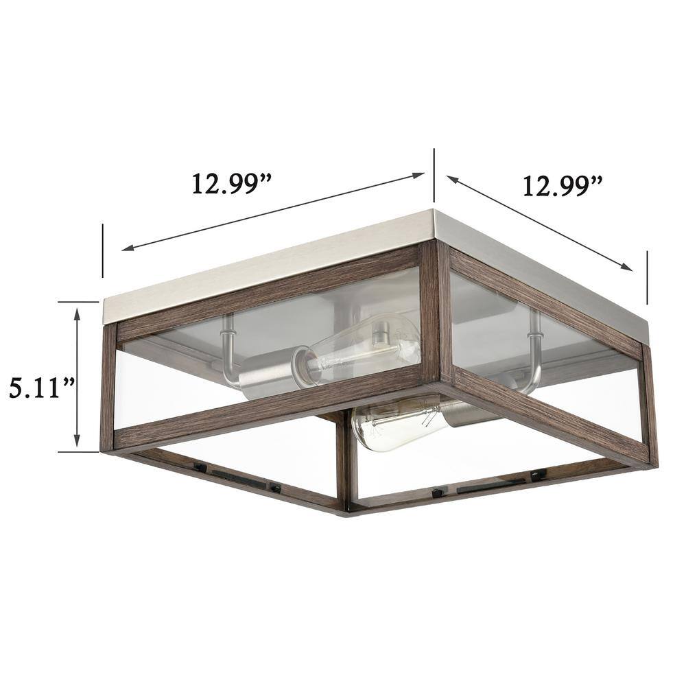 15.62 in. 2-Light Nickel Flush Mount with Clear Glass Shade and No Bulbs Included 1-Pack - Hercitys
