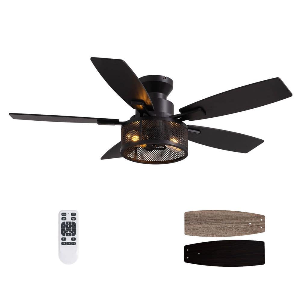 46 in. Indoor Matte Black Layered Caged Ceiling Fan with Light Kit, Five Reversible Blades and Remote Included - Hercitys