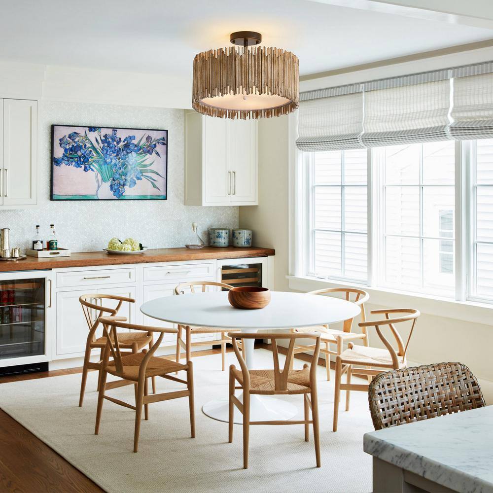 15.5 in. 3-Light Black Farmhouse Semi-Flush Mount With Wood Shade - Hercitys