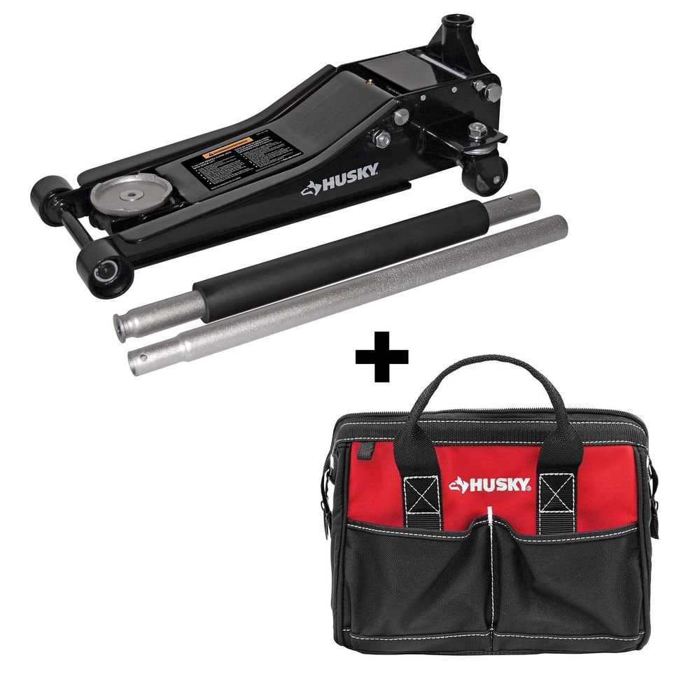 3-Ton Low Profile Floor Jack with Quick Lift with 12 in. 4 Pocket Zippered Tool Bag - Hercitys