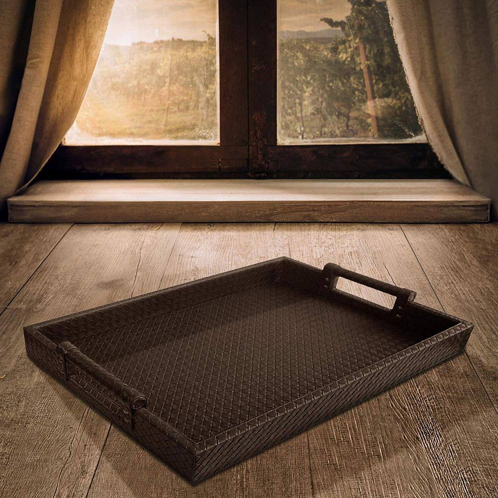 19 in. x 2 in. x 14 in. Brown Faux Leather and Polypropylene Rectangle Serving Tray with Handles - Hercitys