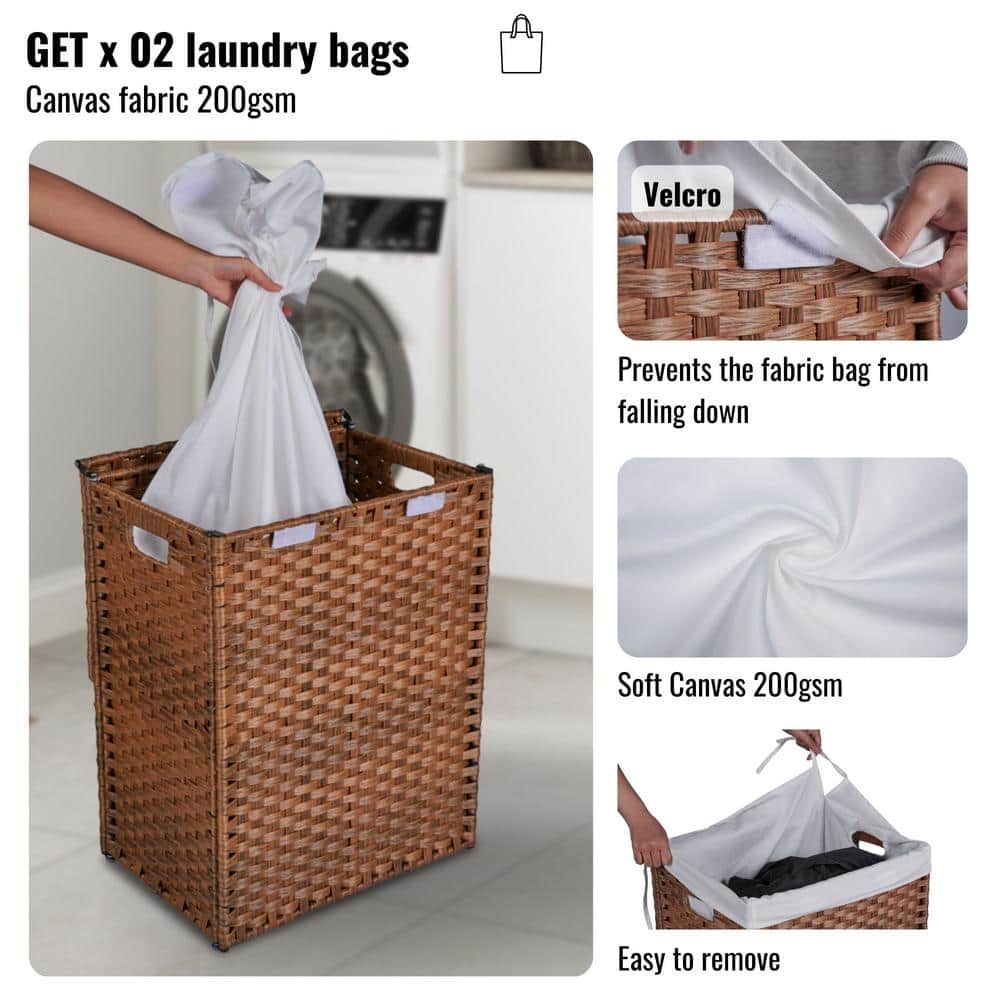 26.4 Gal. Laundry Hamper with Lid PE Rattan Powder Coating Frame Clothes Hampers with 2 Removable Bags, Brown Deck Box - Hercitys