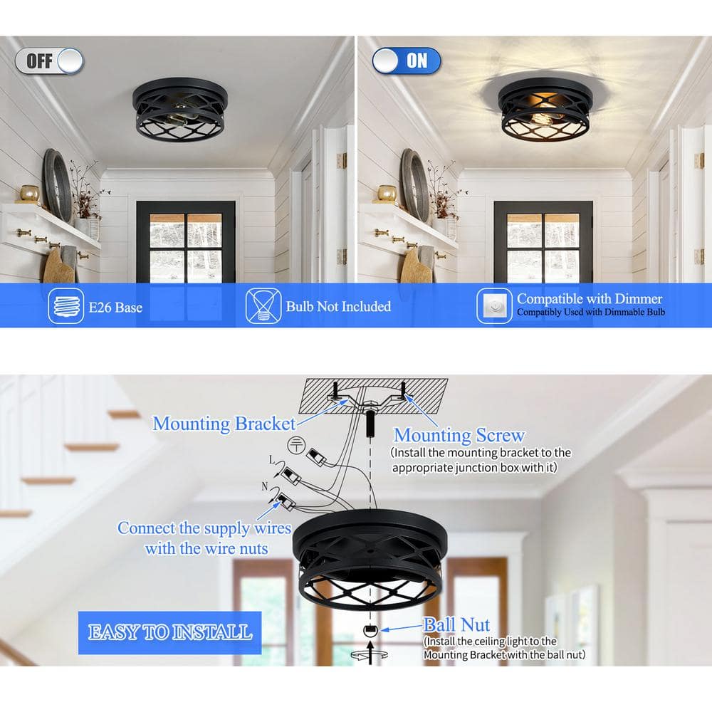 10.7 in. 2-Light Farmhouse Black Flush Mount Ceiling Light with No Bulbs Included (2-Pack) - Hercitys