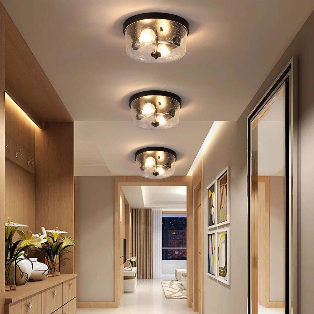 10.63 in. 2-Light Black Farmhouse Flush Mount with Seeded Glass Shade and No Bulbs Included (2-Pack) - Hercitys