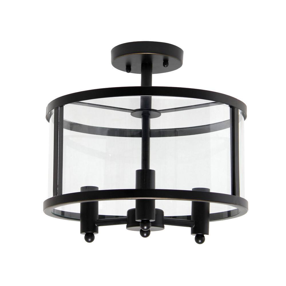 13 in. 3-Light Black Iron and Glass Shade Industrial Ceiling Mounted Round Semi-Flush Mount - Hercitys