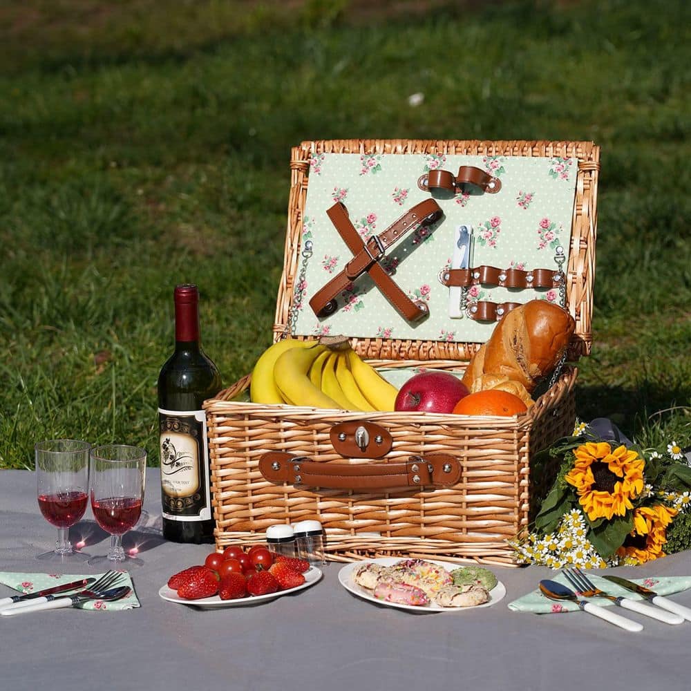 2-Person Wicker Picnic Basket with Utensils Cutlery, Handmade Willow Hamper Basket - Hercitys