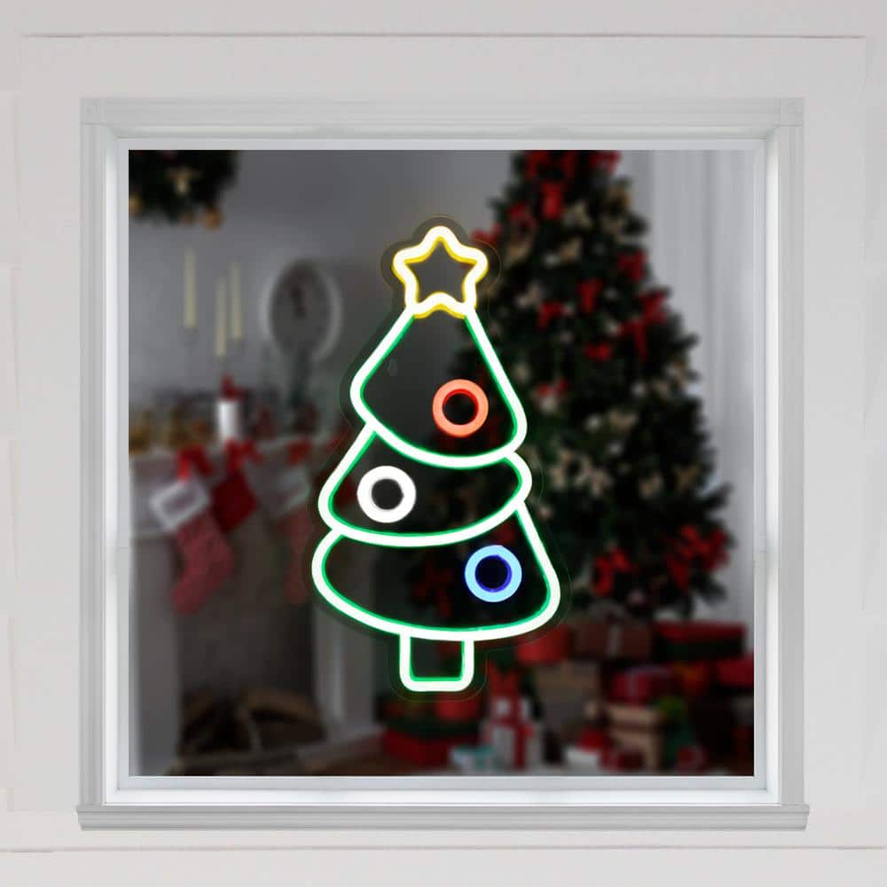 15 in. LED Lighted Neon Style Christmas Tree Window Silhouette - Hercitys