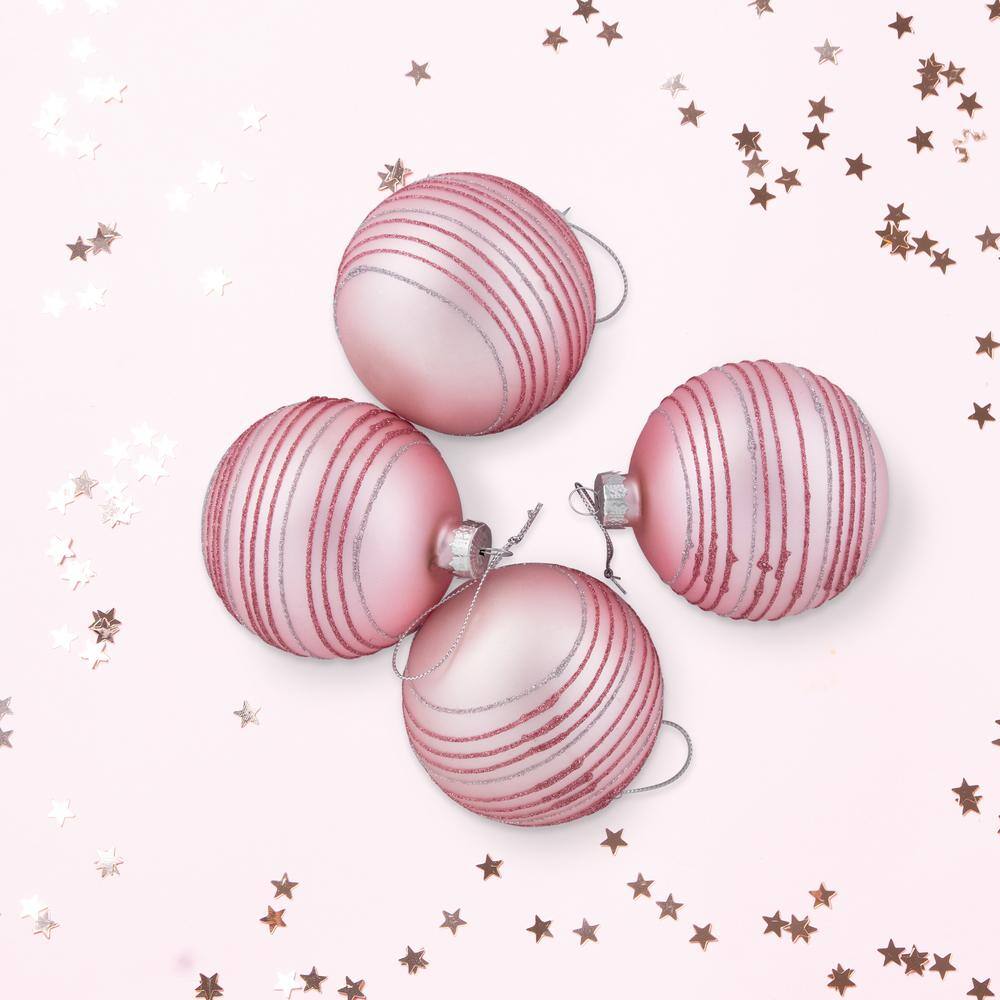 3 in. (80 mm) Pink Glitter Striped Glass Christmas Ball Ornaments (Set of 4) - Hercitys