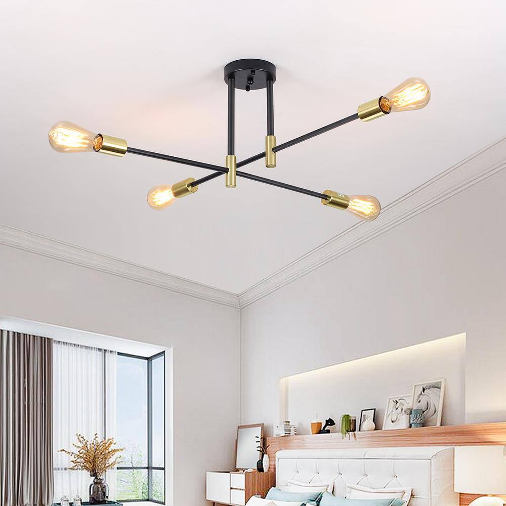 27.5 in. 4-Light Black and Brass Sputnik Semi- Flush Mount Ceiling Light with No Bulbs Included - Hercitys