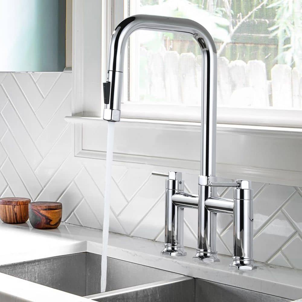 3 Holes Double Handle Brass Bridge Kitchen Faucet with Pull Down Sprayer and Supply Lines in Polished Chrome - Hercitys