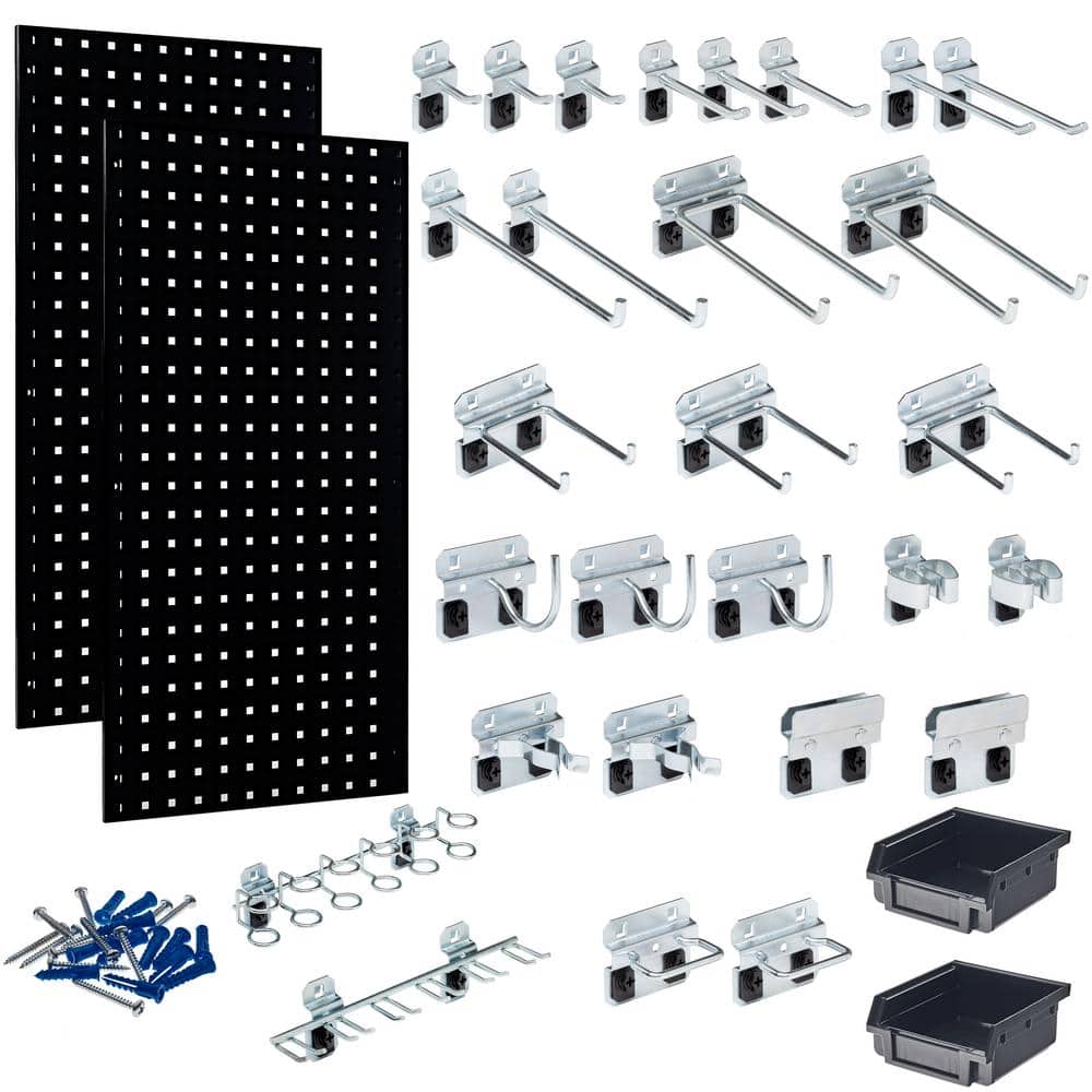 (2) 18 in. W x 36 in. H Black Steel Square Hole Pegboards with 30-piece LocHook Assortment and Hanging Bin System - Hercitys
