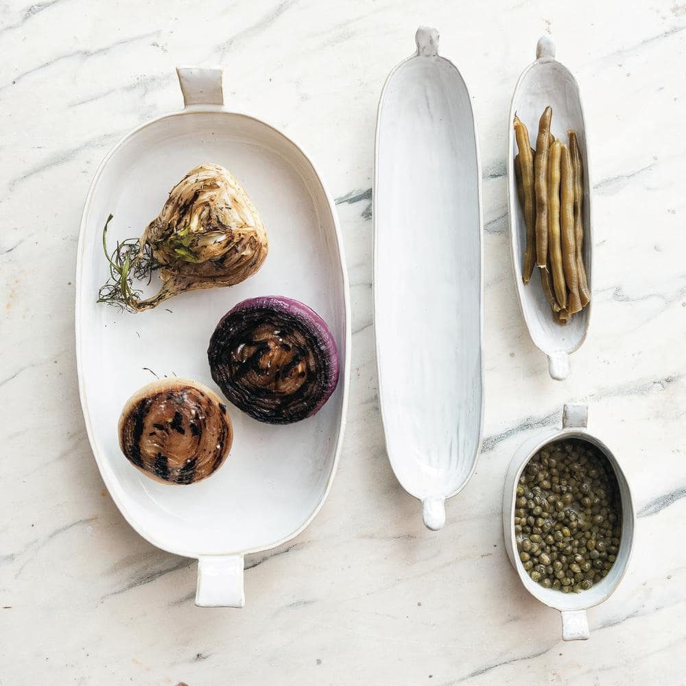 13.4 in. White Long Stoneware Serving Platter with Reactive Glaze - Hercitys