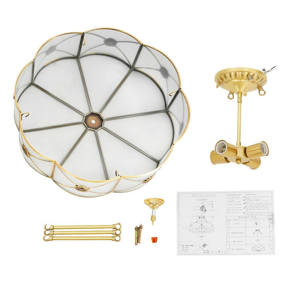 18 in. 4-Light Classical Style Gold Semi-Flush Mount Ceiling Light with Glass Lampshade - Hercitys