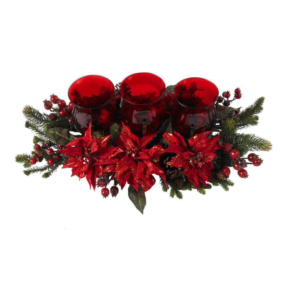 30 in. Artificial Poinsettia and Berry Triple Candleabrum - Hercitys