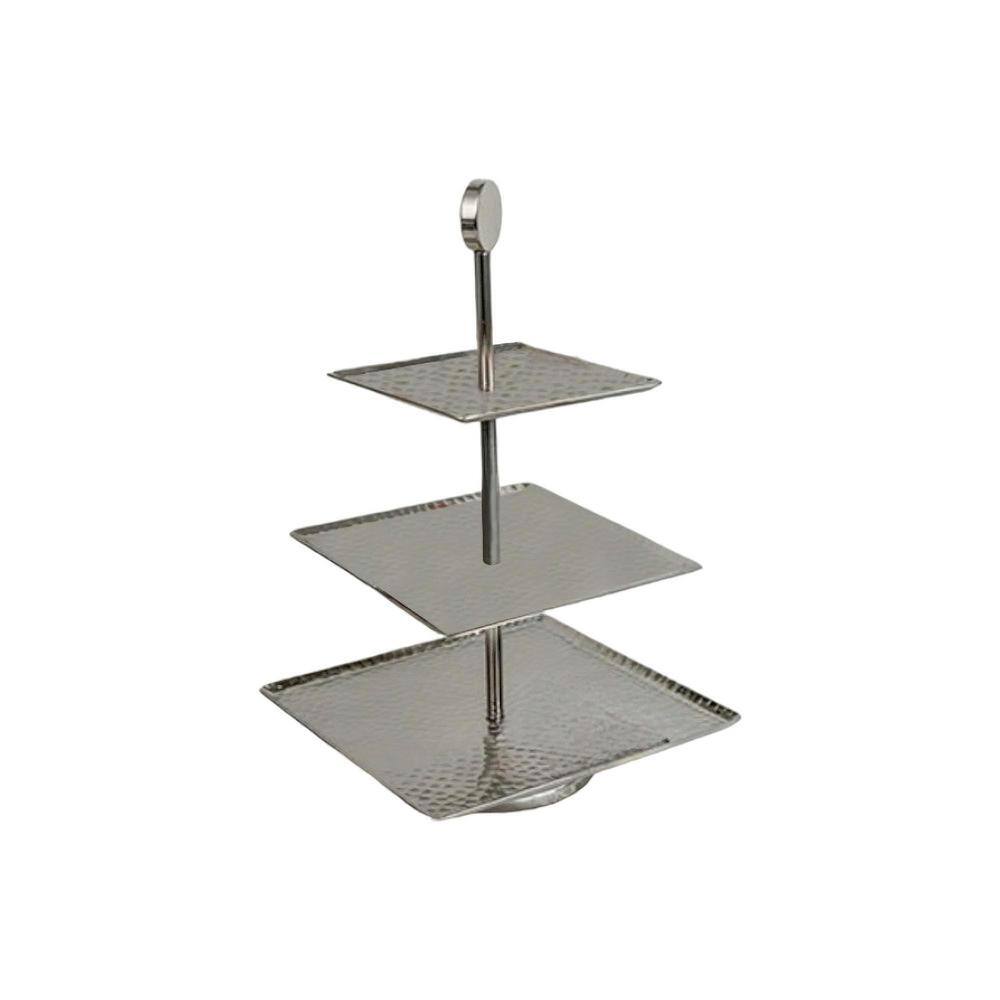 14 in. Silver Square Stainless Steel Hammered Three Tier Tray - Hercitys