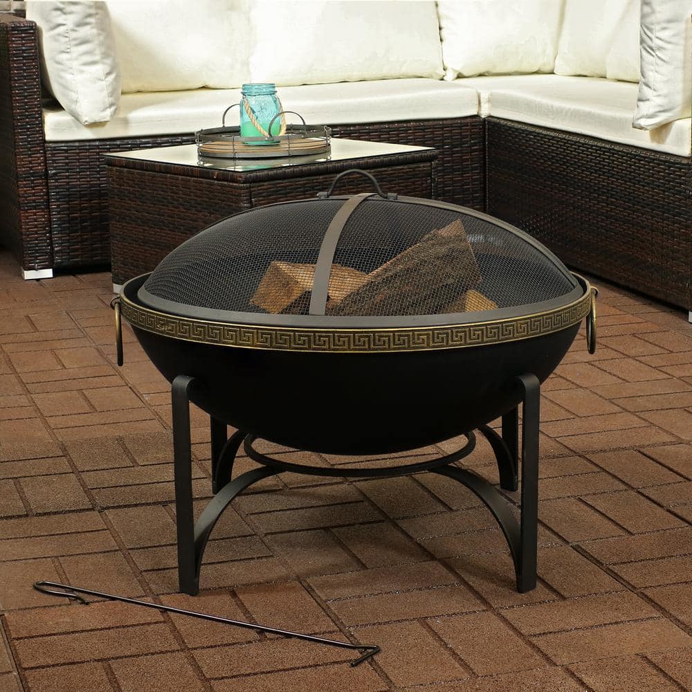 26-In Contemporary Steel Fire Bowl with Handles and Spark Screen - Hercitys