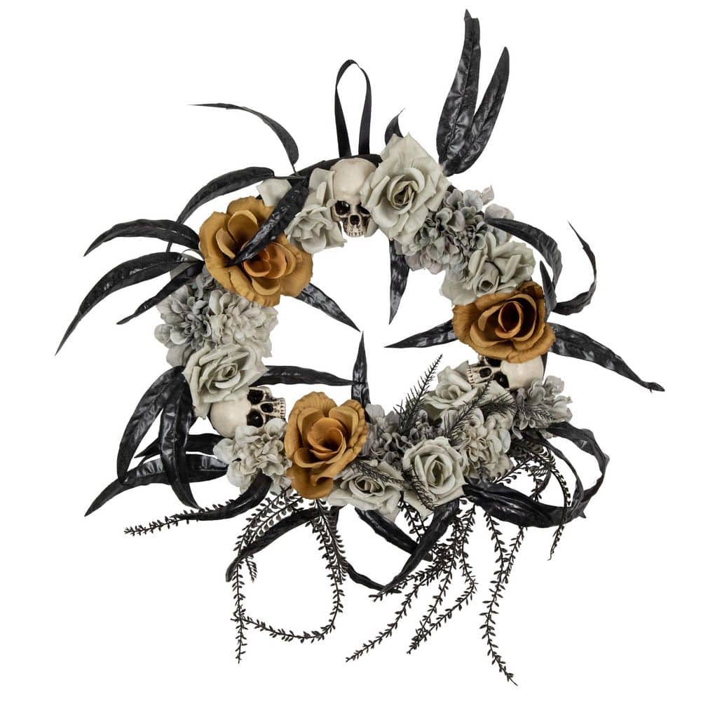14 “-Orange Gray and Black Skulls with Roses Foliage Halloween Wreath-Unlit - Hercitys