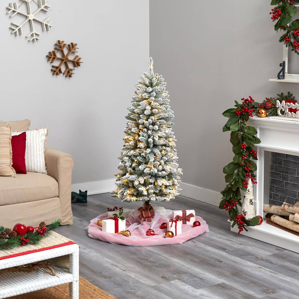 5 ft. Pre-Lit LED Slim Flocked Montreal Fir Artificial Christmas Tree with 150 Warm White Lights - Hercitys