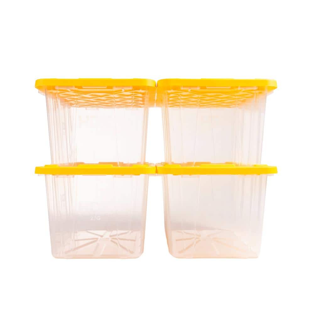 27 Gal. Tough Storage Tote in Clear with Yellow Lid (4-Pack) - Hercitys