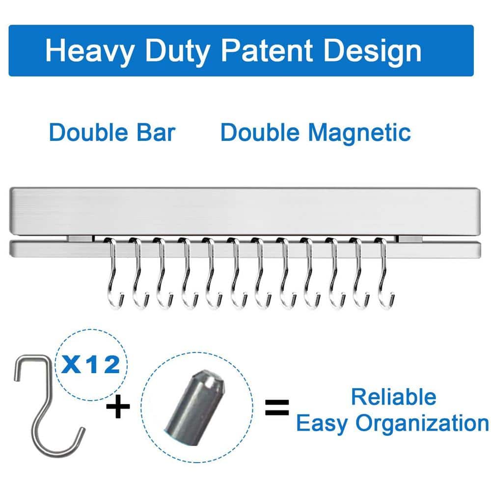 5-Knife 17 in. 304 Stainless Steel Magnetic Knife Strip, Magnetic Knife Bar Rack with 12 Hooks for Fridge and Wall - Hercitys