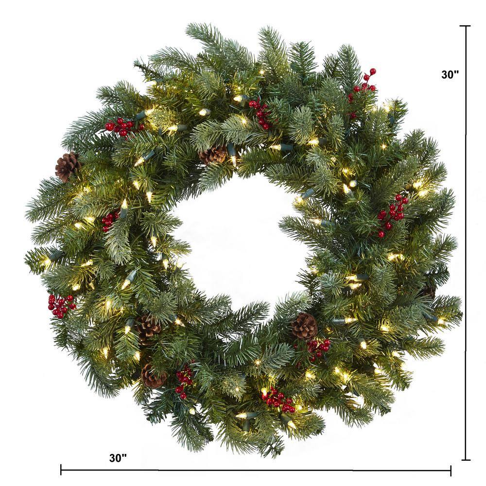 30 in. Lighted Pine Artificial Wreath with Berries and Pine Cones - Hercitys