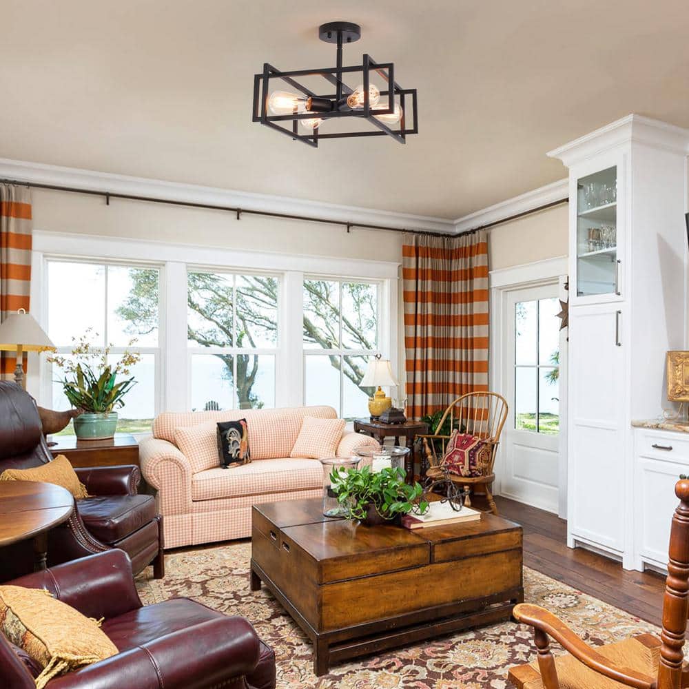 14.96 in. 4-Light Black Farmhouse Square Frame Semi-Flush Mount Ceiling Light Fixture with Metal Shade - Hercitys