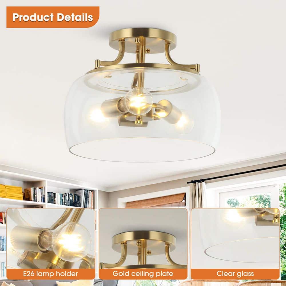13 in. 3-Light Brass Gold Semi-Flush Mount Ceiling Light Fixture with Clear Glass Shade - Hercitys