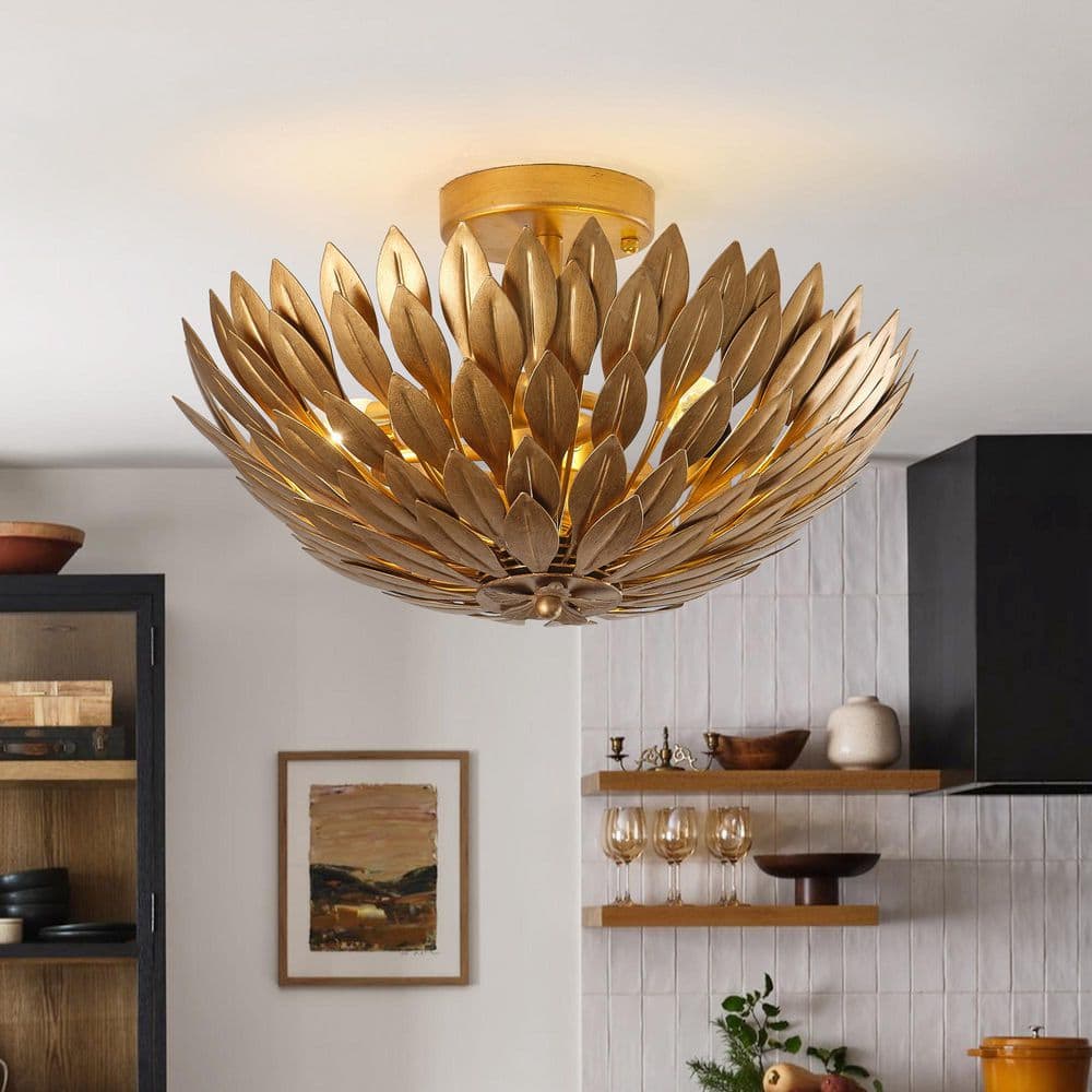 15.75 in. 3-Light Antique Gold Semi-Flush Mount Ceiling Light with Layers of Leaves Shade - Hercitys