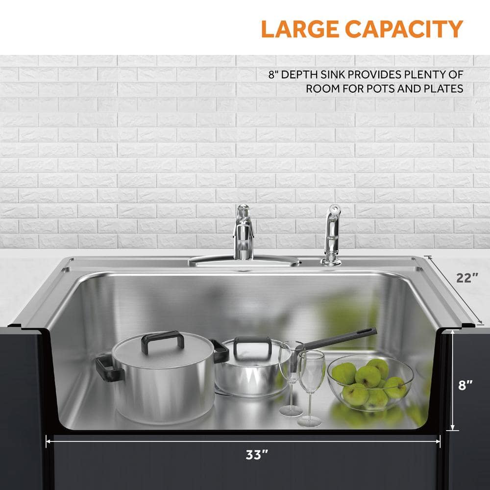 33 in. Drop-In Single Bowl 20 Gauge Stainless Steel Kitchen Sink - Hercitys