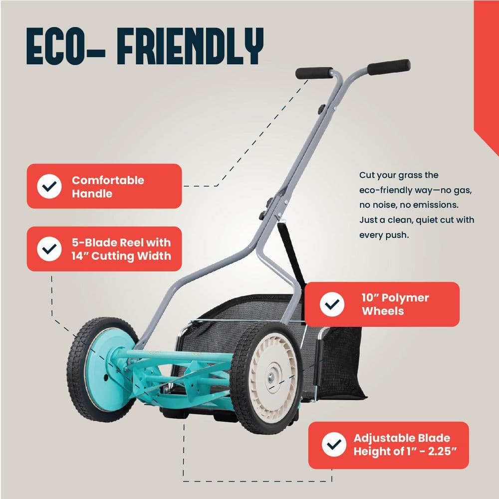 14 in. Manual Walk Behind Push Reel Lawn Mower Grass Catcher Included - Hercitys