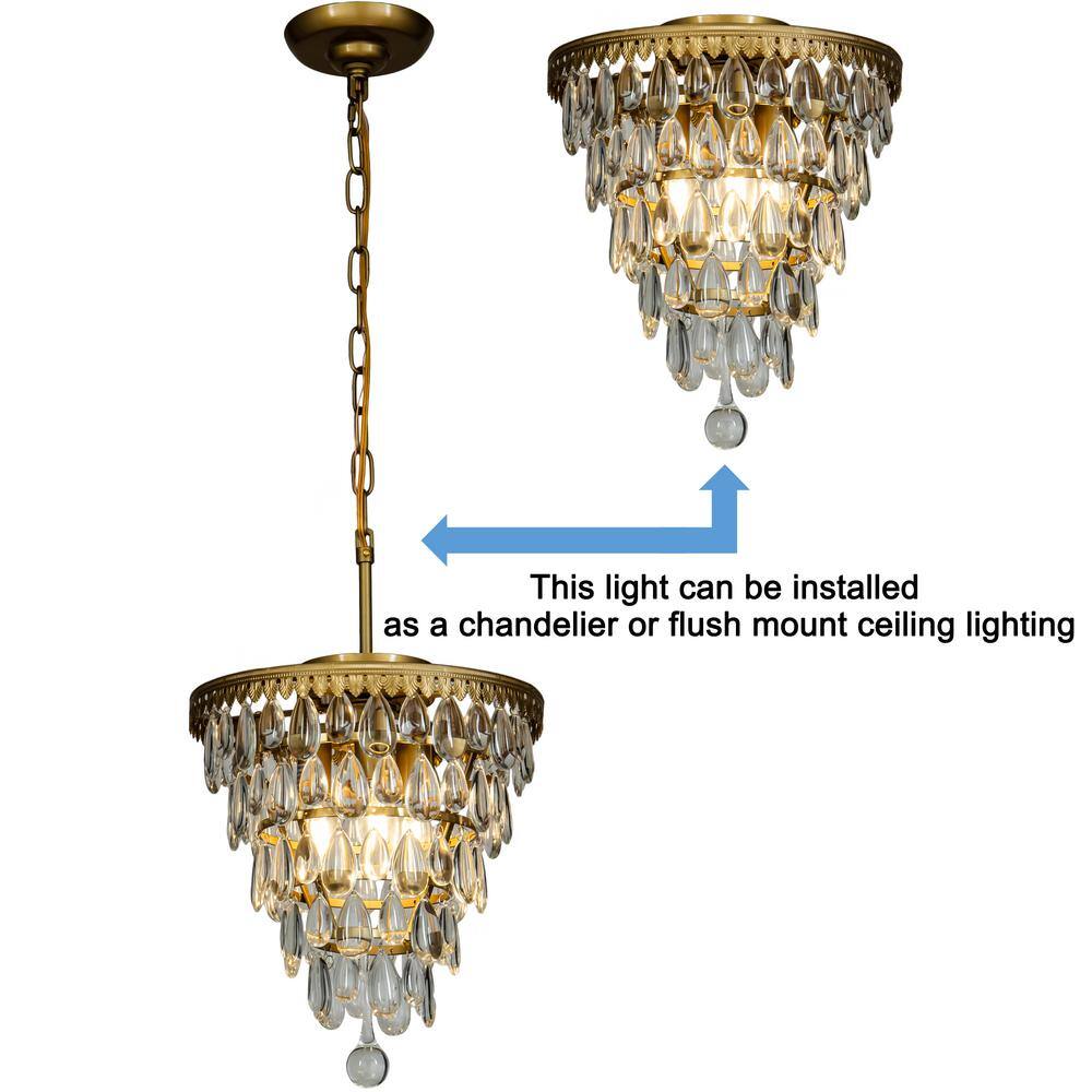 12 in. 3-Lights Antique Gold Glam Flush Mount Ceiling Light with Teardrop Glass - Hercitys