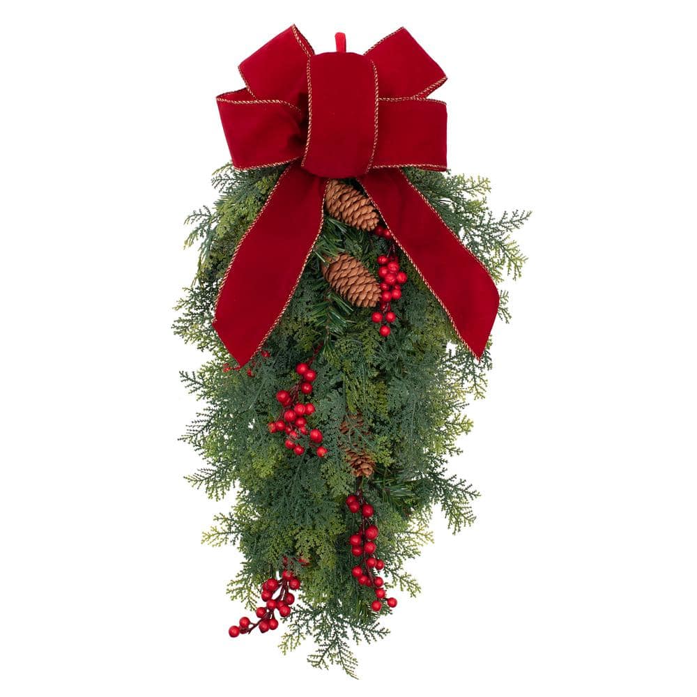 20 in. Battery Operated Pre-Lit LED Artificial Classic Chairback Swag with Red Bow - Hercitys