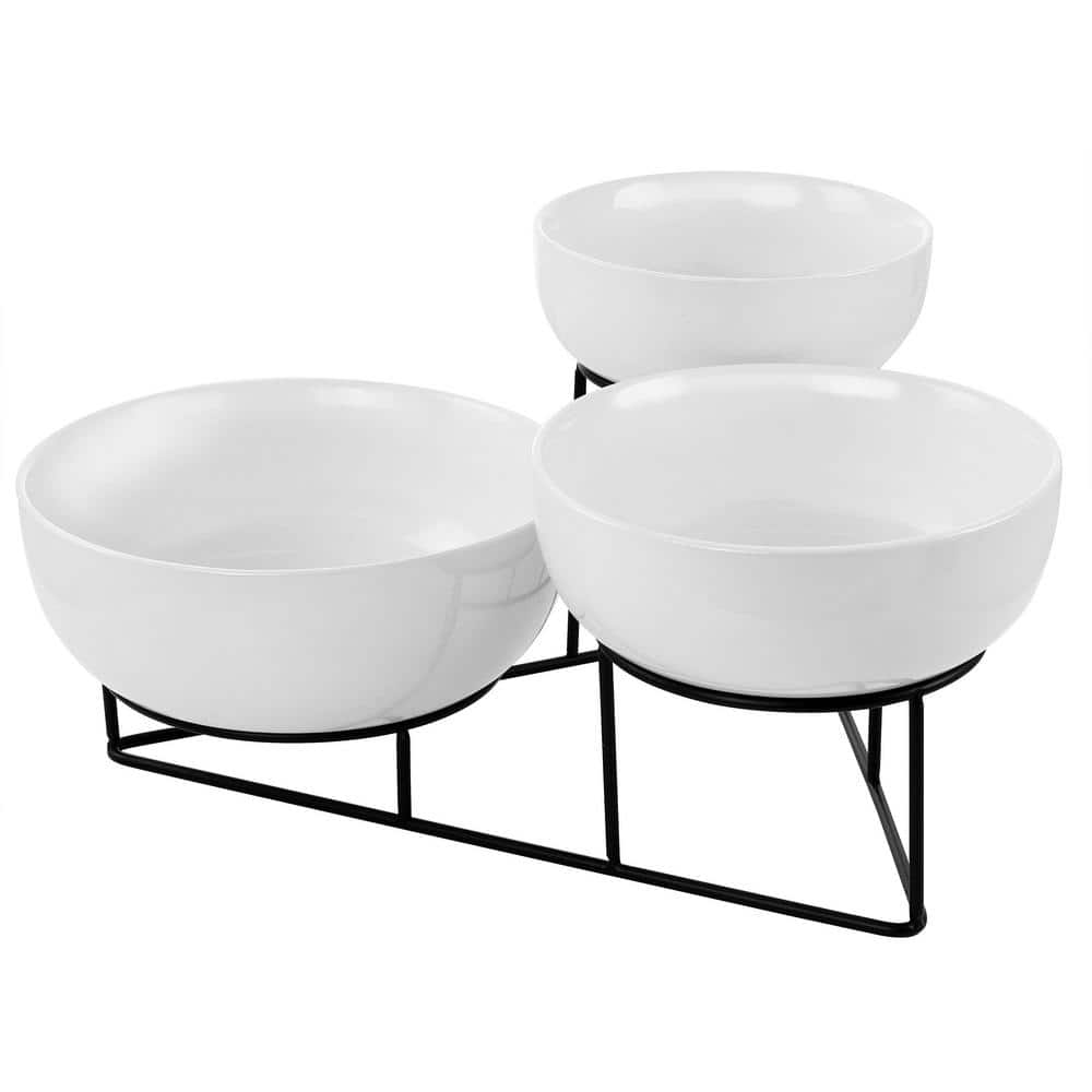 4-Piece White Bowl Set with Metal Rack - Hercitys