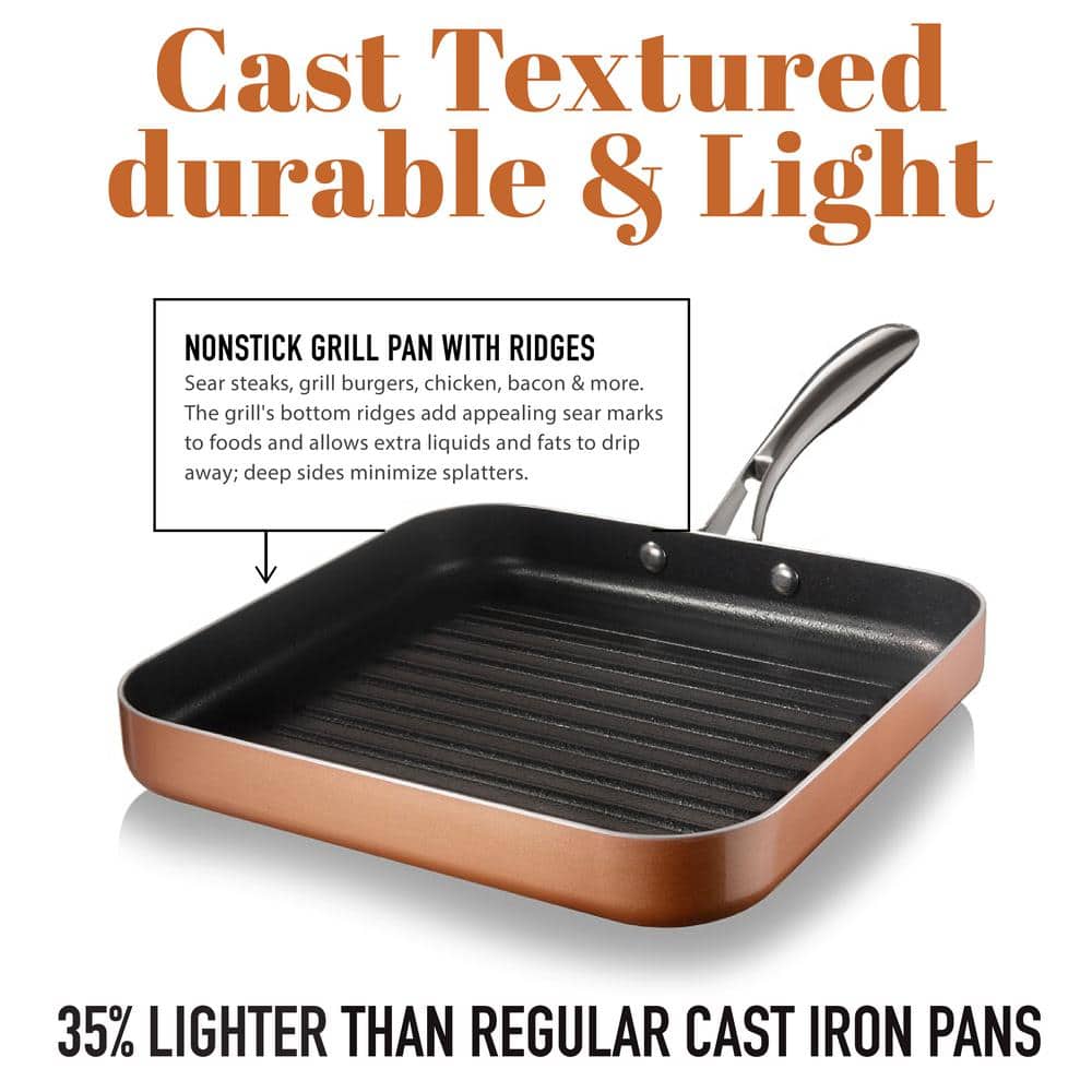 10.5 in. Copper Cast Textured Surface Aluminum Non-Stick Grill Pan - Hercitys