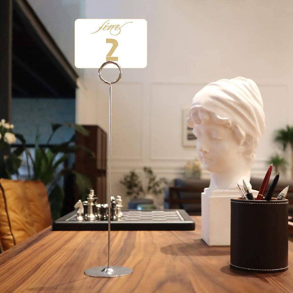 2.72 in. x 12 in. Silver Round Stainless Steel Place Card Holders Set of 16-Pieces for Photos, Food Signs, Memo Notes - Hercitys