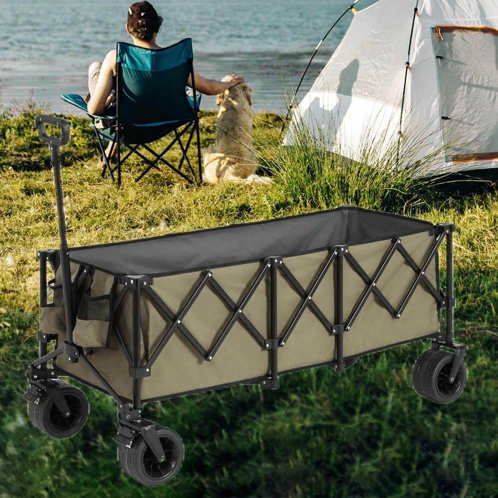 16 cu. ft. Steel Garden Cart, Foldable Extended Wagon with 220lbs Capacity, Big All-Terrain Wheel&Drink Holder in Green - Hercitys